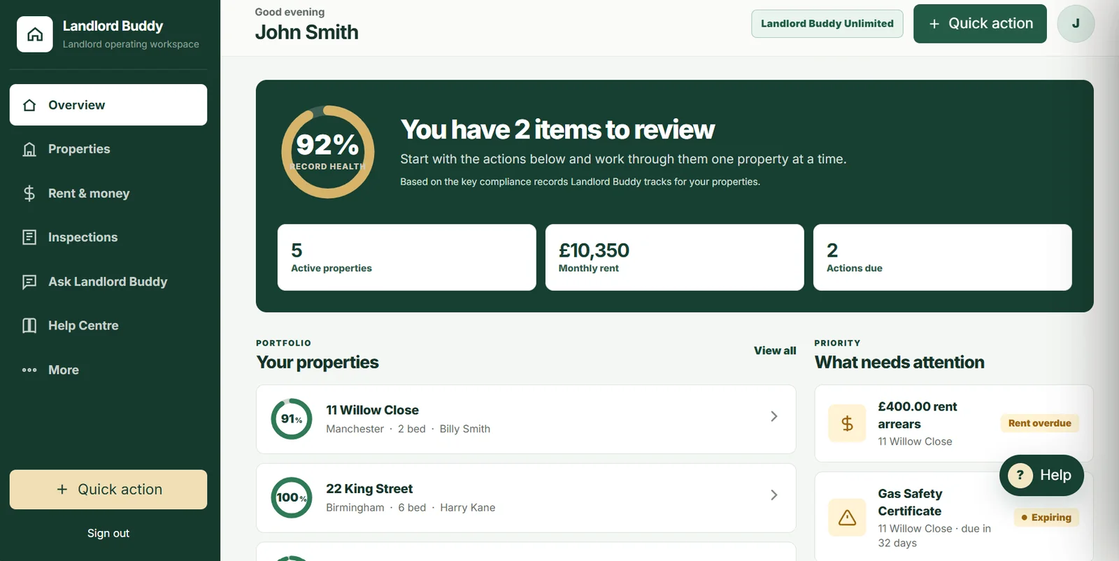 Landlord Buddy property dashboard showing tasks and tenancy information