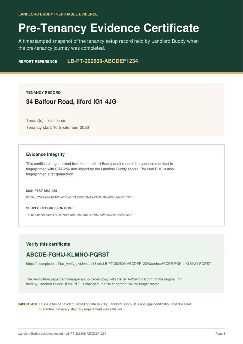Landlord Buddy evidence certificate