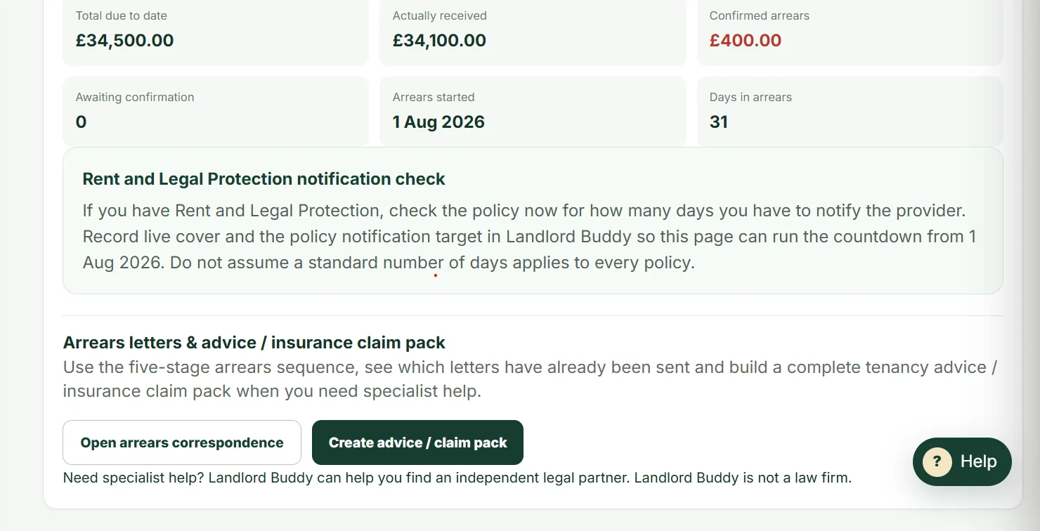 Landlord Buddy arrears and evidence support screen
