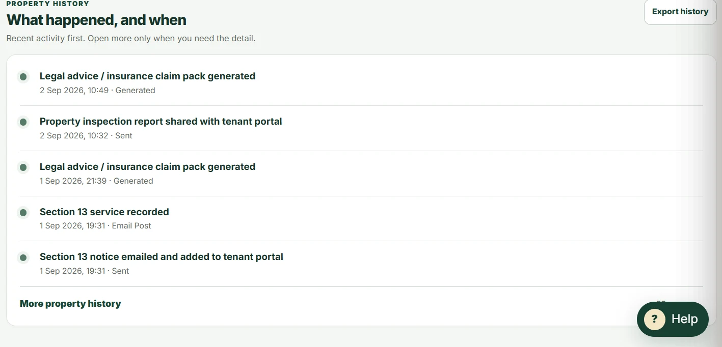 Landlord Buddy property history and evidence timeline